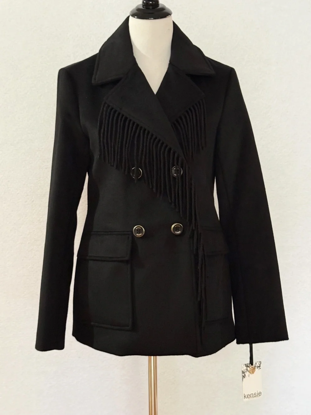 Kensie Fringe Wool Blend Peacoat Jacket Black Double Breasted Patch Pocket Small